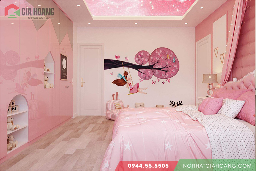 Phòng ngủ cho căn hộ màu hồng 